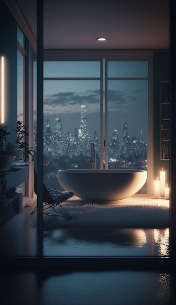 A bathroom with a view of the city skyline and a bathtub with a candle on it.