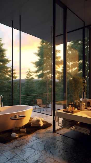 A bathroom with a view of the forest and the sky