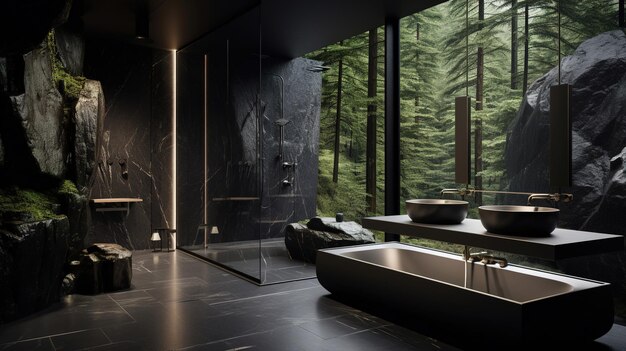 A bathroom with a view of the forest
