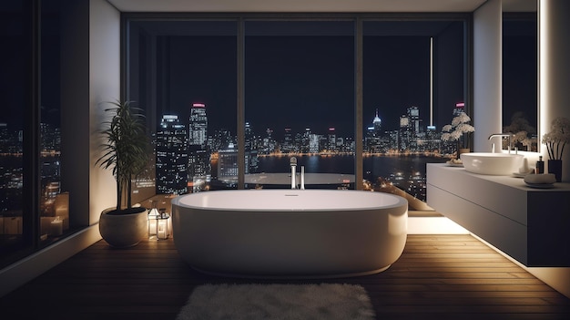 A bathroom with a view of manhattan at night