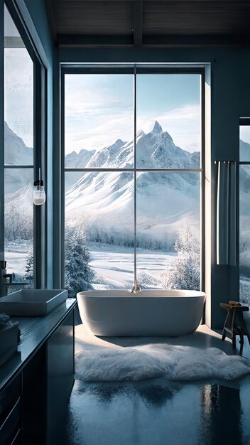 A bathroom with a view of a mountain range.