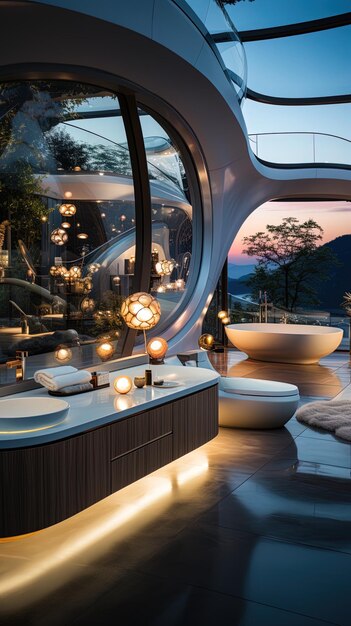 a bathroom with a view of the mountains and mountains