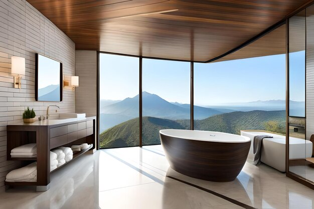 A bathroom with a view of the mountains