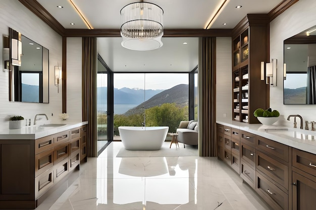 A bathroom with a view of the mountains