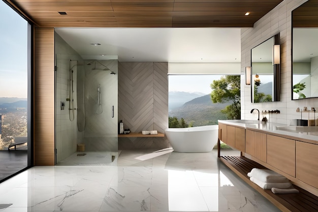 A bathroom with a view of the mountains