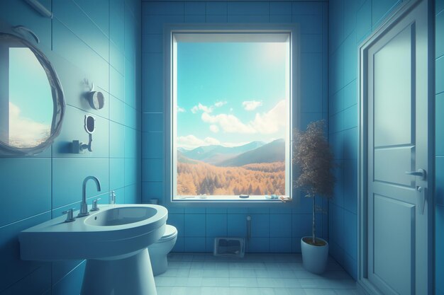 A bathroom with a view of the mountains
