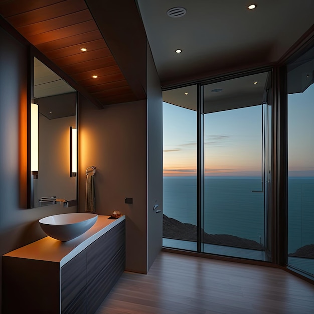 A bathroom with a view of the ocean and a sink.