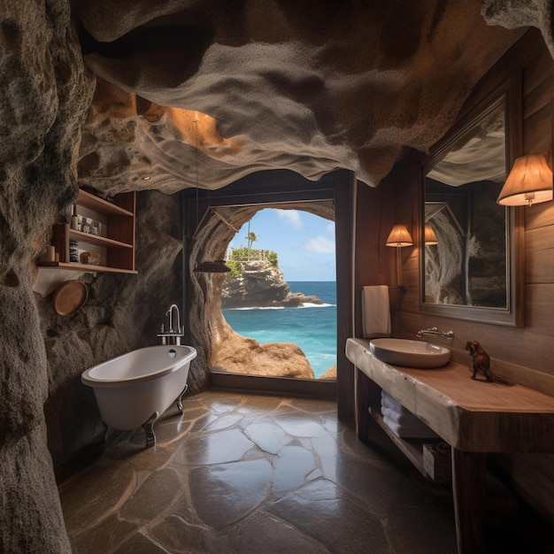 A bathroom with a view of the ocean and a tub with a lamp on it