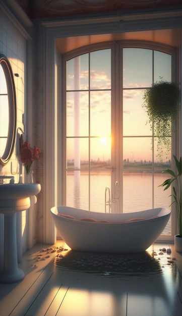 A bathroom with a view of the water and a tub with a plant on it.
