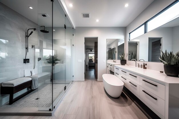 A bathroom with a walk in shower and a white sink.