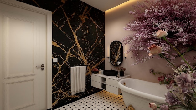 A bathroom with a white bathtub and gold accents.