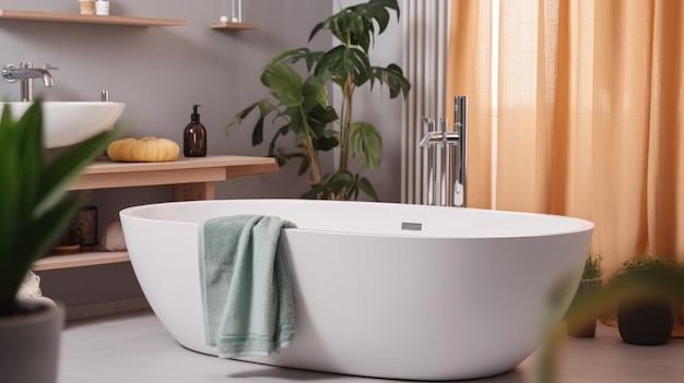 A bathroom with a white bathtub and a plant in the corner.