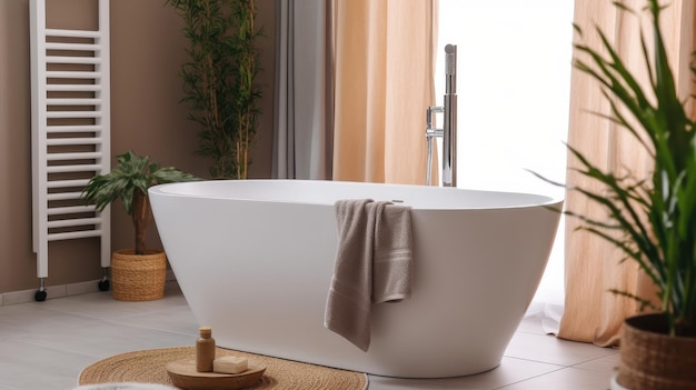 A bathroom with a white bathtub and a plant on the window