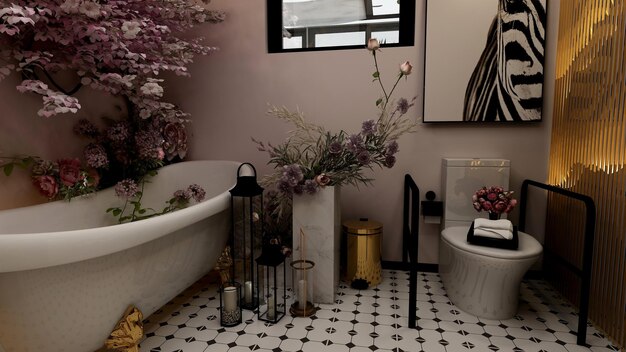 A bathroom with a white bathtub and a vase with flowers on it.