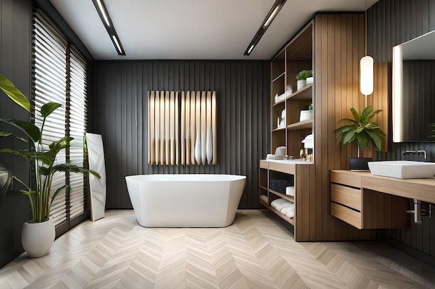 A bathroom with a white bathtub and a wooden shelf with a plant on it.