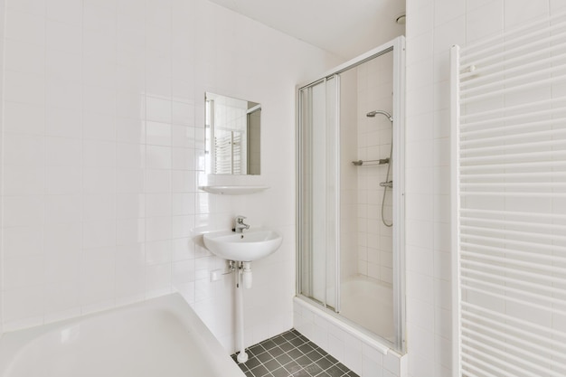 흰색과 검은색 타일, 세라믹 욕조 샤워 시설 및 현대적인 집의 거울 아래 세면대가 있는 욕실