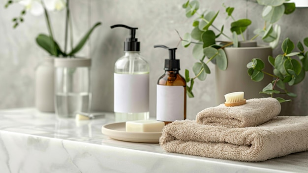 a bathroom with a white counter with a bottle of shampoo on it