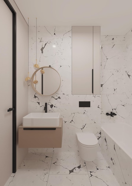 Bathroom with white marble walls and black taps. 3D rendering.