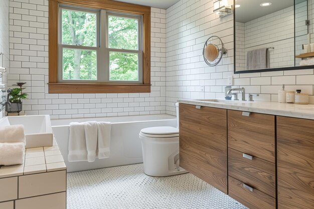 Photo bathroom with white tiles and wooden vanity white tiled walls wooden vanity and minimal accessories clean uncluttered space with modern fixtures