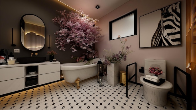 A bathroom with a white tub and a mirror that says'the word love '