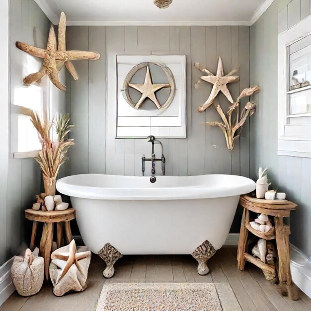 Photo a bathroom with a white tub and a star on the wall