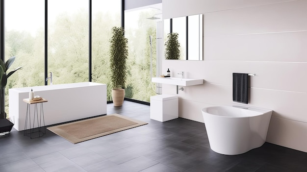 Photo a bathroom with a white tub and a white bathtub.