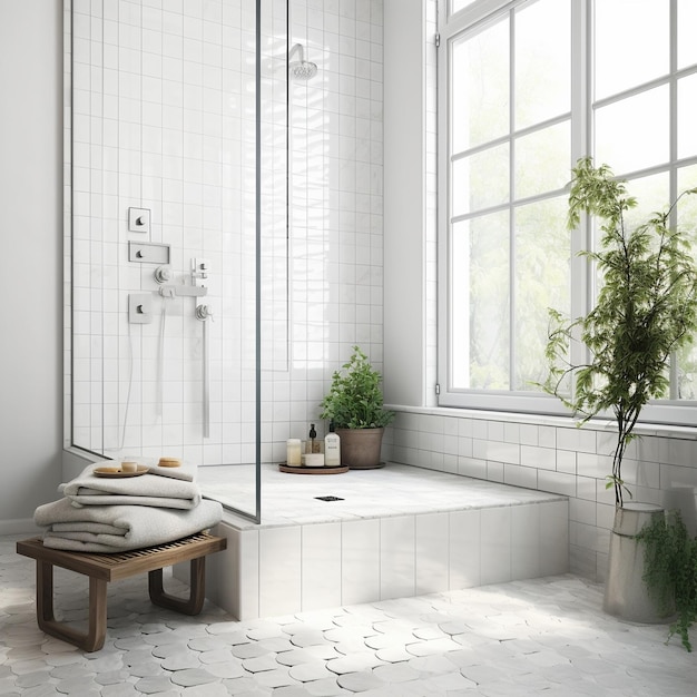 A bathroom with a window and a plant on the floor