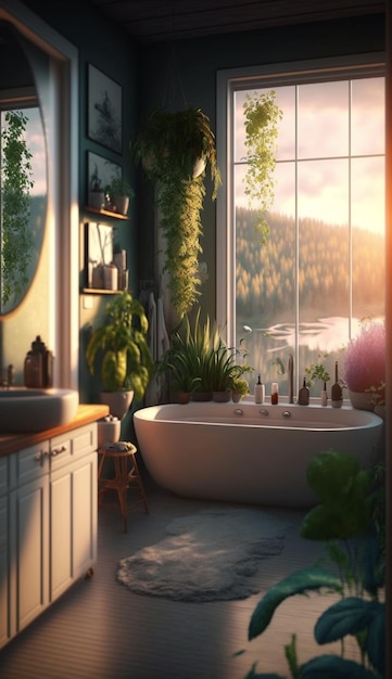 A bathroom with a window that has plants on it