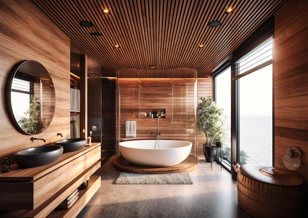 A bathroom with wooden panelling