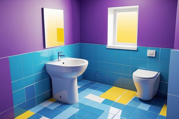 A bathroom with yellow and blue tiles on the walls white toilet bowl in the corner is next to the sink