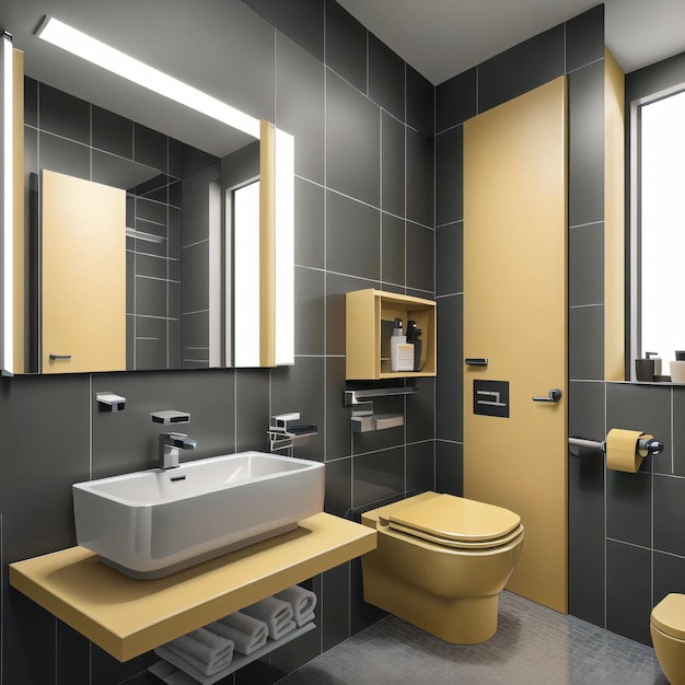 Photo a bathroom with yellow walls and gray tiles.