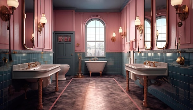 ванные комнаты в стиле темного небесно-голубого и светлой бронзы