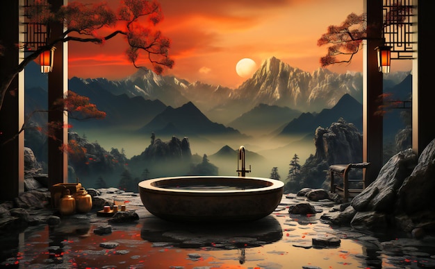 A bathtub in a bathroom with an orange sky and water