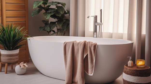 A bathtub in a bathroom with a plant behind it.