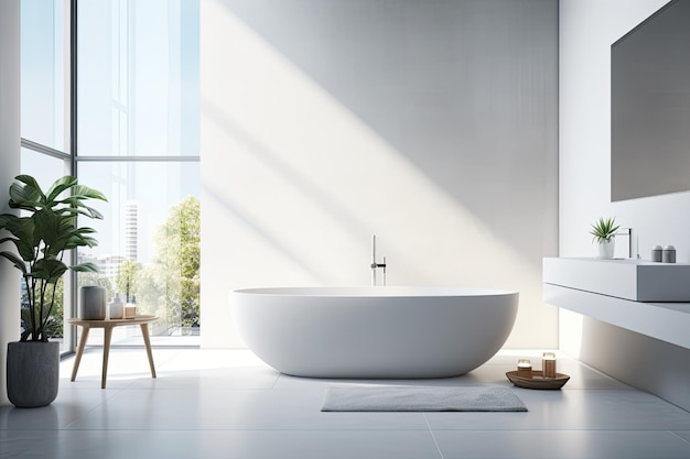 Photo a bathtub in a bathroom with a white sink and a white towel on the floor.