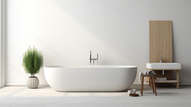 a bathtub in a bathroom with a yellow and red painting on the wall