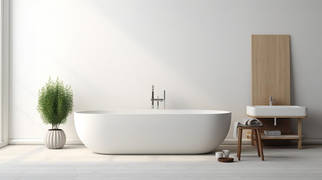 A bathtub in a bathroom with a yellow and red painting on the wall