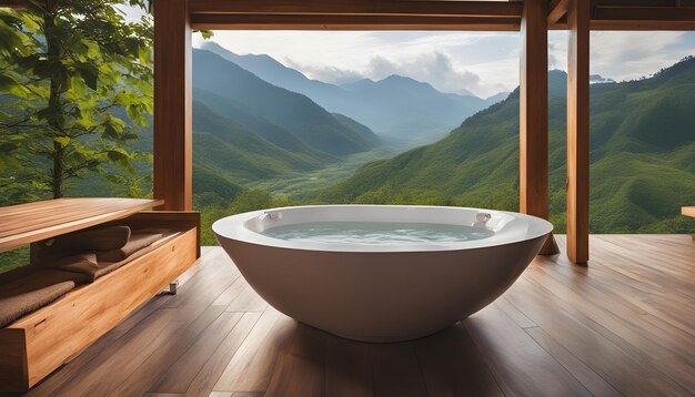 a bathtub in a cabin with mountains in the background