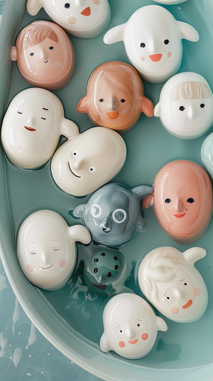 Photo bathtub filled with friendly toy faces top view