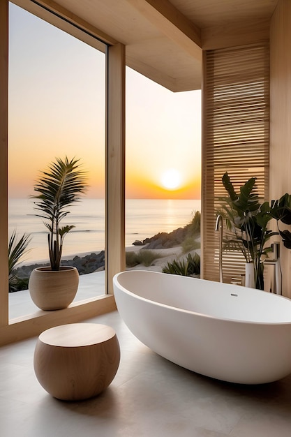 a bathtub is in a room with a view of the ocean