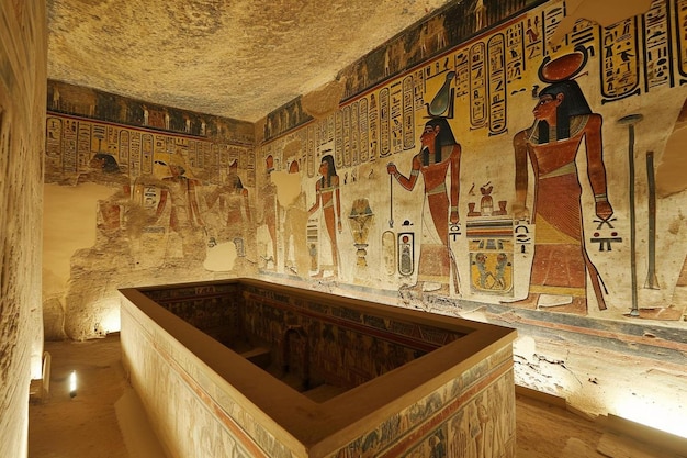 Photo a bathtub in a room with egyptian paintings on the walls