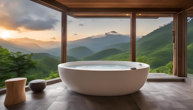ванна в комнате с горами на заднем плане