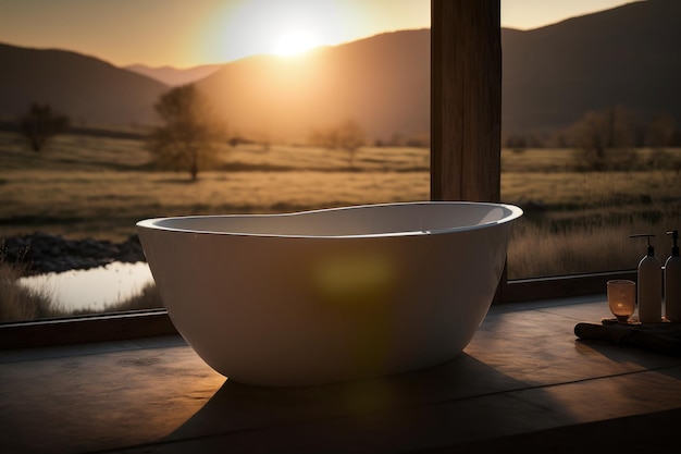 A bathtub in a room with a view of the mountains