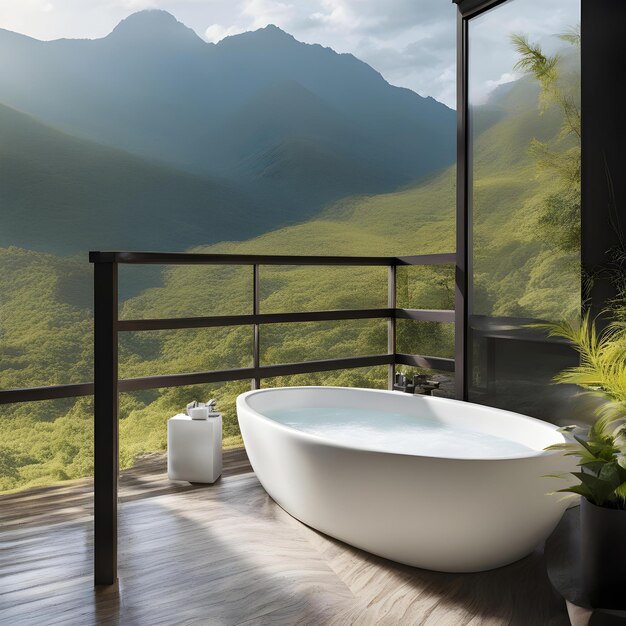 Photo a bathtub sits on a wooden floor in front of a mountain view