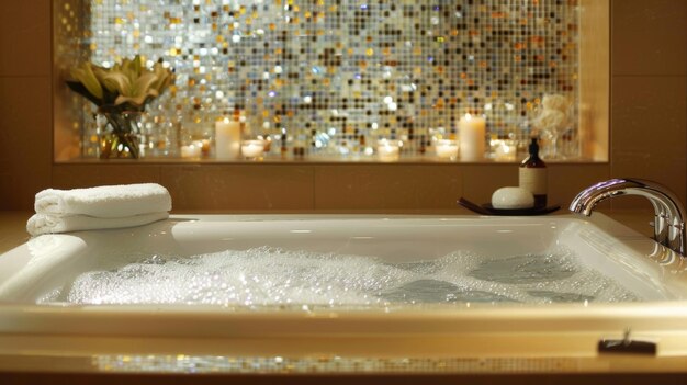 The bathtub surrounded by glistening glass tiles beckons with its soothing warm water and bath salts