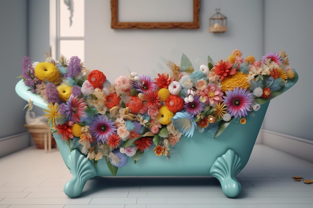 a bathtub that was crammed with a variety of vibrant flowers