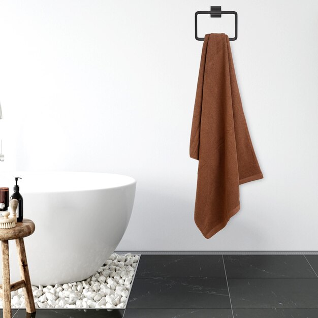 A bathtub and a towel hanger with a towel hanging from it