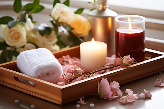 Bathtub tray with bath accessories and burning candles for relax and spa closeup