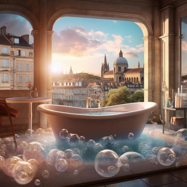 Photo a bathtub with bubbles in the middle of it