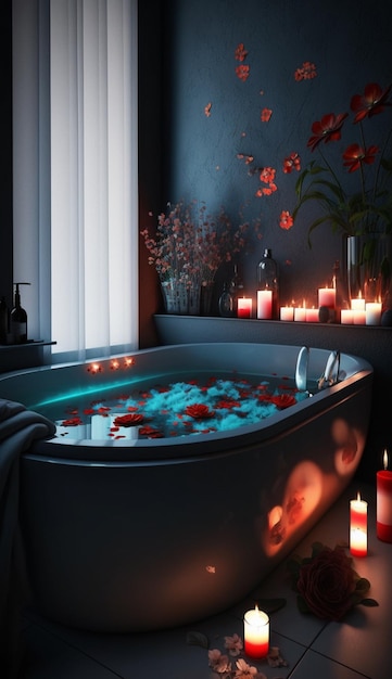 A bathtub with candles and candles in the corner.